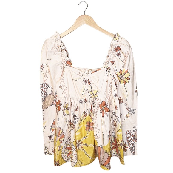 NWT Anthropologie Let Me Be Poplin Babydoll Long Sleeve Blouse Floral Bird - Picture 2 of 7